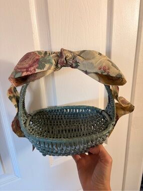 Woven Blue Straw basket with Floral Handle Scarf
